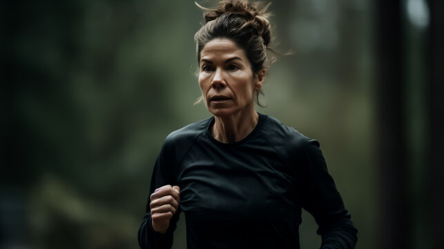 Adult woman running or jogging in nature, looking fit and in good shape. Maybe in her 40ies or 50ies. Concept of fitness, health and exercise. Shallow field of view, Illustrative Generative AI. 