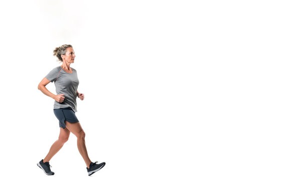 Woman running or jogging. Concept of exercise and health. Isolated on white background with copy space. Shallow field of view. Illustrative Generative AI. Not a real person.