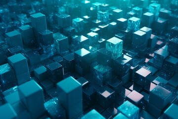 Contemporary tech wallpaper with glossy, neatly constructed teal and blue cubes in a 3D render. Generative AI