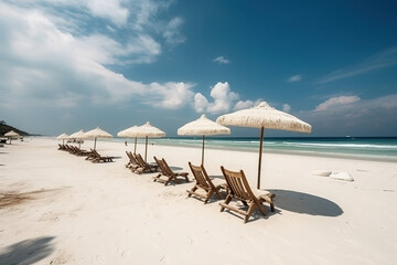 Paisaje de una hermosa playa con arena blanca y tumbonas. AI generative