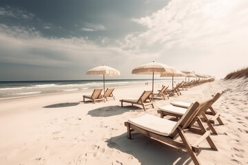 Paisaje de una hermosa playa con arena blanca y tumbonas. AI generative