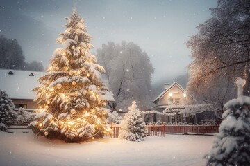 Naklejka premium Winter wonderland with snow-covered Christmas scenery. Generative AI