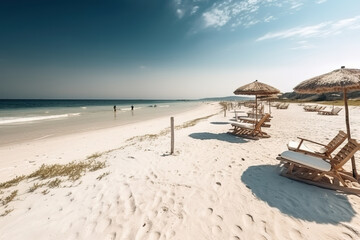 Fototapeta na wymiar Paisaje de una hermosa playa con arena blanca y tumbonas. AI generative