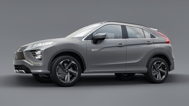 San Diego, USA. March 31, 2023. Grey Mitsubishi Eclipse Cross PHEV 2022 on a Grey background. Hybrid SUV car. 3d rendering