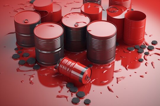 Isometric red metal barrels with oil products, indicating pollution from waste of oil refining and chemical industry. Realistic png illustration on transparent background. Generative AI