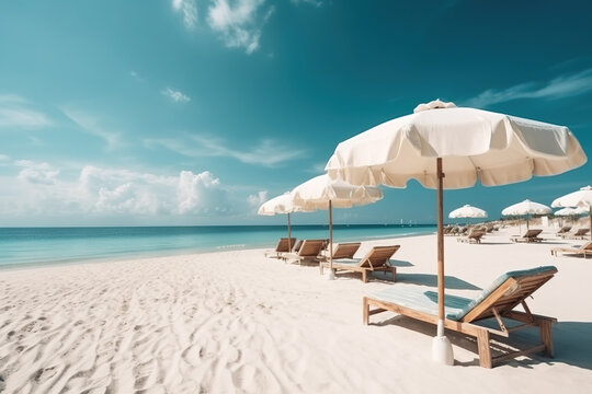 Paisaje de una hermosa playa con arena blanca y tumbonas. AI generative