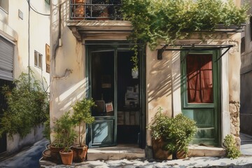 Fototapeta na wymiar A watercolor painting of a Greek street featuring a window and a plant. Generative AI