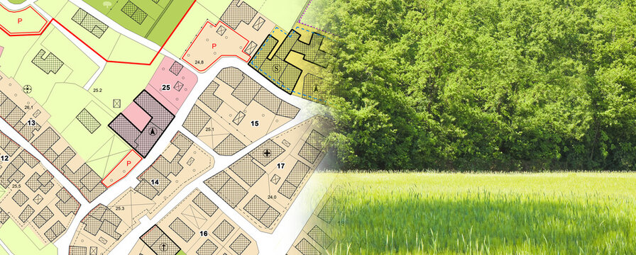 Public parks in urban areas - concept with imaginary General Urban Plan with urban destinations, buildable areas a land plot on a rural scene