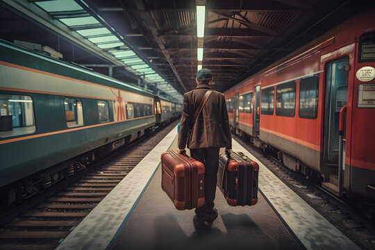 Man with a suitcase goes to the passenger car along the platform of the railway station a little retro style. Generative AI.