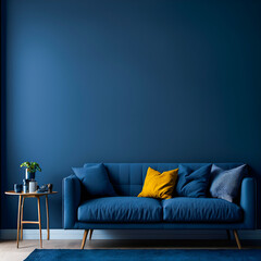 Interior of cozy modern minimalist living room with sofa against blank, dark blue wall, created with generative AI
