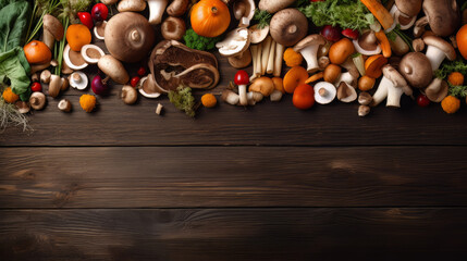 Fototapeta na wymiar Organic harvest Vegetables from garden and forest mushrooms. Vegetarian ingredients for cooking on dark rustic wooden background