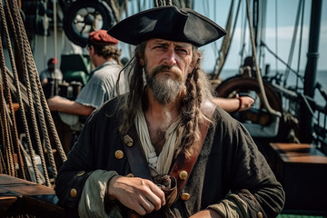 Obraz premium portrait of medieval pirate in costume and hat on deck of a ship. Generative AI