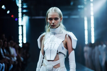 A model girl walks down the runway in an unusual alien, futuristic jumpsuit at a fashion show of the future.Generative AI illustration. Fashion Week.