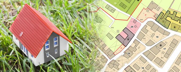 New home and free vacant land for building activity - Construction industry and building permit concept with a residential area, cadastral map, General Urban Planning and zoning regulations