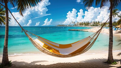 a hammock between two palm trees overlooking the sea