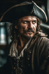 Obraz premium portrait of pirate corsair captain in costume and hat on medieval ship at caribbean sea. Generative AI