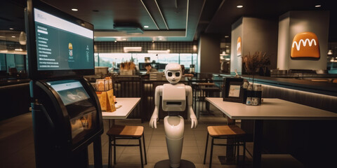Robotic Fast Food Service. Humanoid AI robot working in a fast food restaurant chain. Generative AI