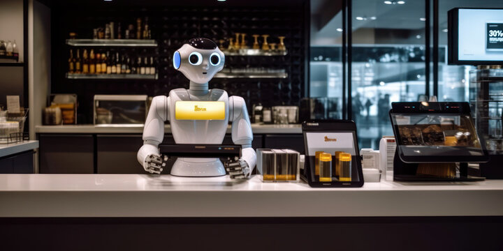 Efficient AI Restaurant Employee. Humanoid AI robot working behind the counter of a fast food restaurant. Generative AI.