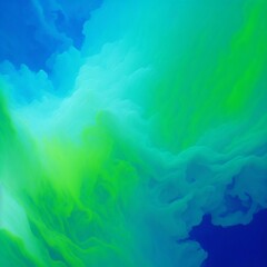 Fog texture. Colored haze. A mixture of colors and water. Mysterious stormy sky. Electric blue and lime green glowing foggy cloud wave abstract art background with free space.