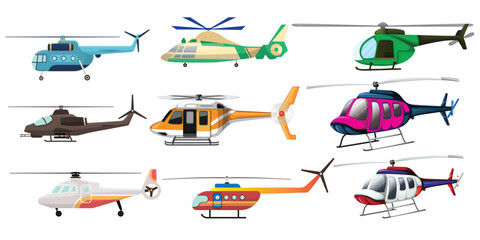 Flying helicopter Vector . Aircraft vehicle with colorful cockpit and rotate turbine object collection. Military, civilian, rescue flight transport illustration. Helicopter vector cartoon set icon.