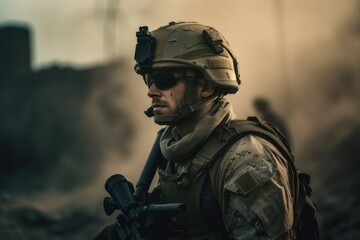 Fototapeta premium Young war soldier fire. Generate Ai