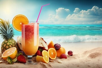Refreshing summer beverage made of fresh fruits, served against a backdrop of sea and beach scenery, and packed with essential vitamins and nutrients, AI Generated