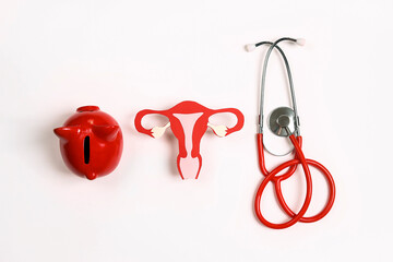 Women's health awareness concept. Uterus symbol with stethoscope and piggy bank on white background.