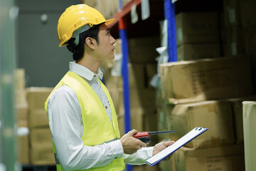 Worker inventory inspect staff checking stock and inspect package box with checklist in warehouse factory storage products shipment distributor logistic supply for counting and management