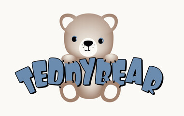 Word teddy bear with little brown bear. Vector illustration
