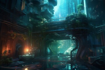 Underwater futuristic city fire. Generate Ai