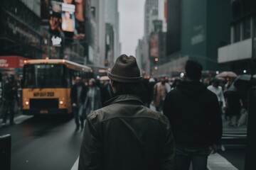Naklejka na ściany i meble A man in a hat is walking down the street. AI generative image.