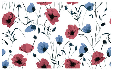 Blue & Red Red Poppy Flowers with Green Leaves Seamless Pattern Vector For Digital Printing