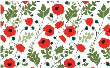 Red Poppy Flowers with Green Leaves Seamless Pattern Vector For Digital Printing