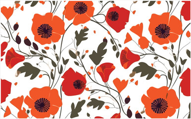 Red And Orange Poppy Flowers with Green Leaves Seamless Pattern Vector For Digital Printing
