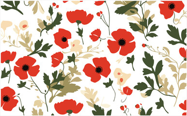 Yellow & Red Red Poppy Flowers with Green Leaves Seamless Pattern Vector For Digital Printing