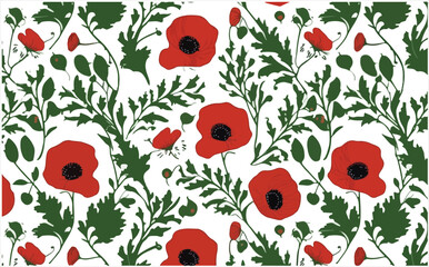 Red Poppy Flowers with Green Leaves Seamless Pattern Vector For Digital Printing