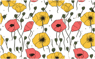 Yellow And Pink Poppy Flower Seamless Pattern Vector For Digital Printing