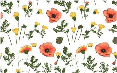 Orange And Yellow Poppy Flower with leaves Seamless Pattern Vector For Digital Printing