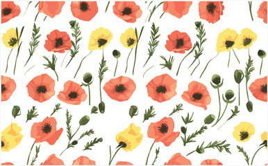 Yellow And Red Poppy Flower Seamless Pattern Vector For Digital Printing