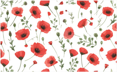 Red Poppy Flower  with Leaves Seamless Pattern Vector For Digital Printing