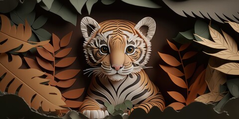 Papercut little tiger on jungle, tiger in the forest with leaf background