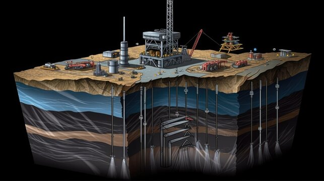 Comprehensive Petroleum Engineering Diagram, Drilling Process Explained, Technical Schematic, Oil Industry Blueprint, Advanced Techniques, Generative AI Illustration

