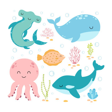 cartoon marine set with cute sea animals