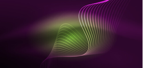 Shiny glowing neon wave. Neon light or laser show, electric impulse, power lines, techno quantum energy impulse, magic glowing dynamic lines