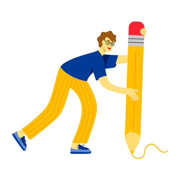 Student draws with big pencil. Character standing with large pen. Concept of education, copywriting, creativity, content manager, blogging, homework. Cute funny young person. Vector flat illustration