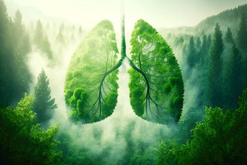 Green lung filled by the forest trees for healthy environment. Postproducted generative AI illustration. - obrazy, fototapety, plakaty