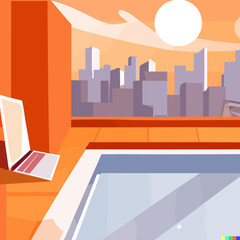 Digital Nomad Vector Illustration Laptop Pool and Skyline