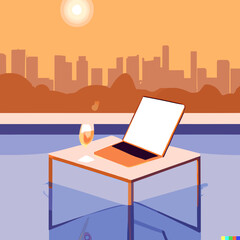 Digital Nomad Vector Illustration Laptop Pool and Skyline