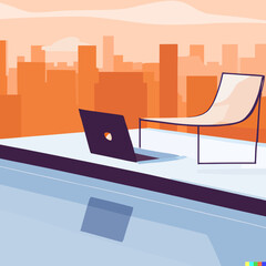 Digital Nomad Vector Illustration Laptop Pool and Skyline