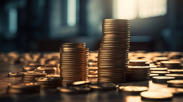 A stack of coins on blurred background. Business, finance, marketing, money saving, business financial growth, economy budget and investment concept. Generative AI